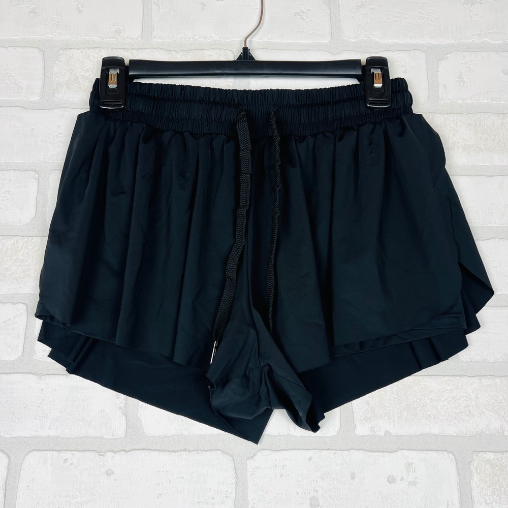 Black‎ Flowy Butterfly Athletic Shorts with Built-in Liner and Drawstring Waist